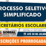 Prefeitura de Sobral prorroga inscrições para seleção de secretário escolar